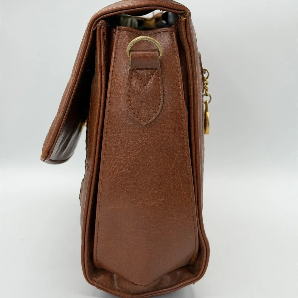 Vintage Carlo Calucci Ostrich Embossed Satchel Bag Brown Turn Lock Flap Brass